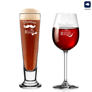 Pilsglas und Weinglas mit Gravur - Mr. Right & Mrs. Always Right