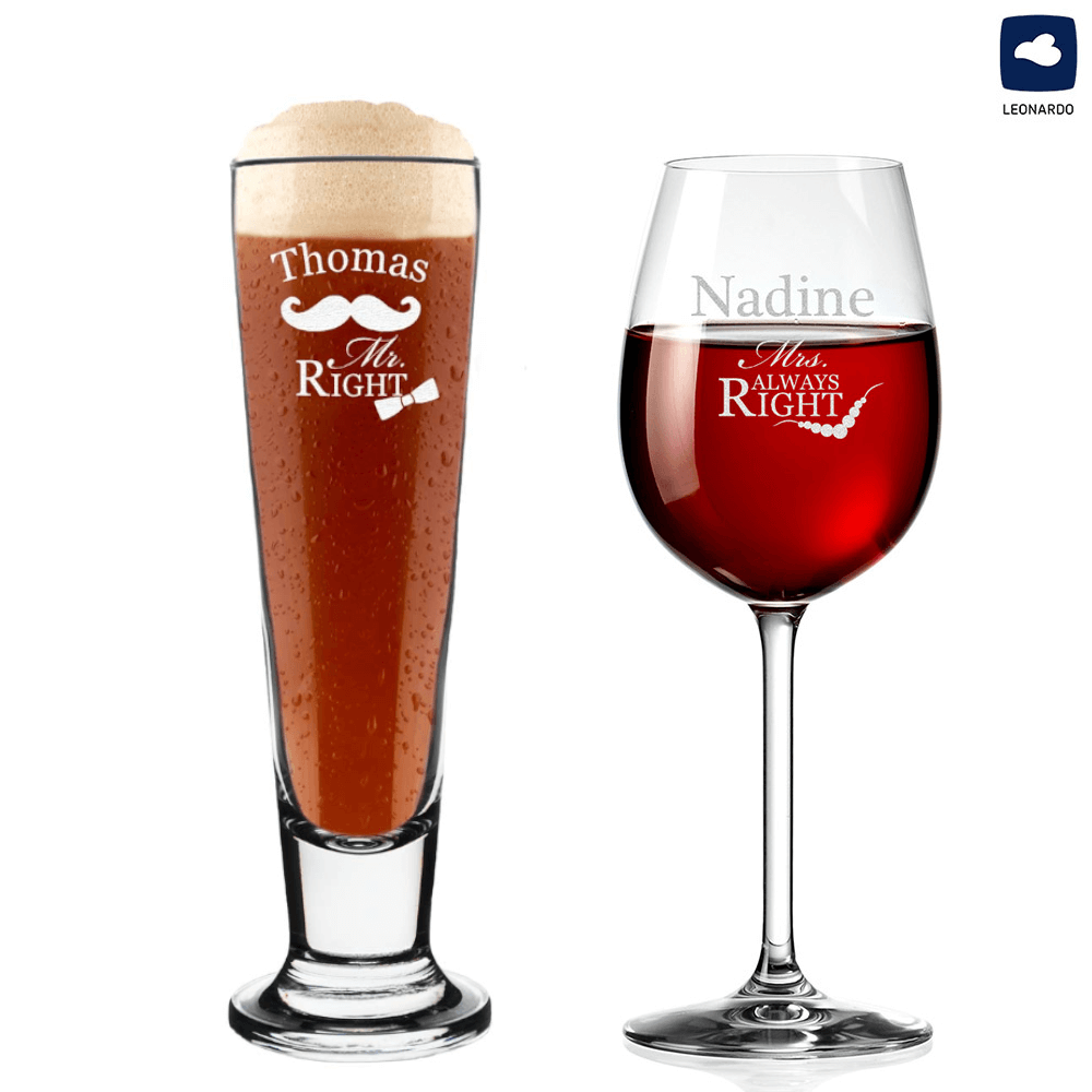 Pilsglas und Weinglas mit Gravur - Mr. Right & Mrs. Always Right
