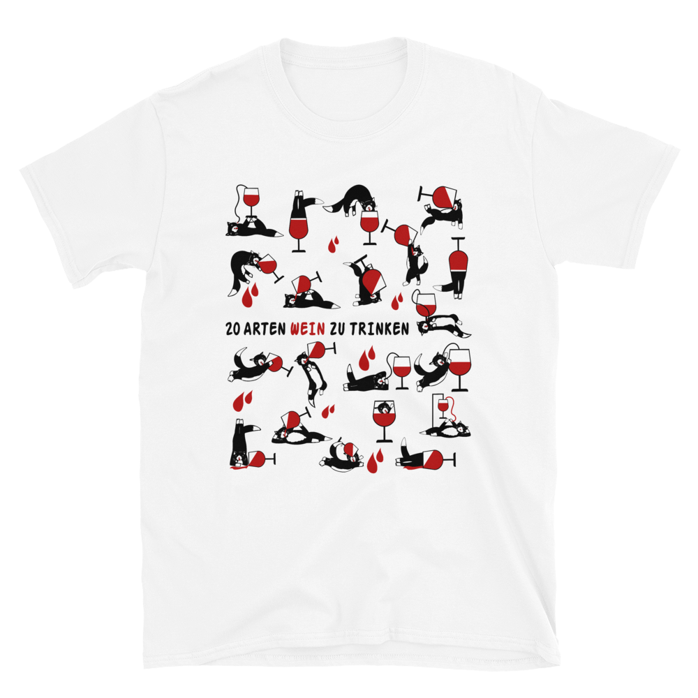 Lustiges T-Shirt mit Katzen und Wein - 20 Katzen trinken Wein auf verschiedenste Weise